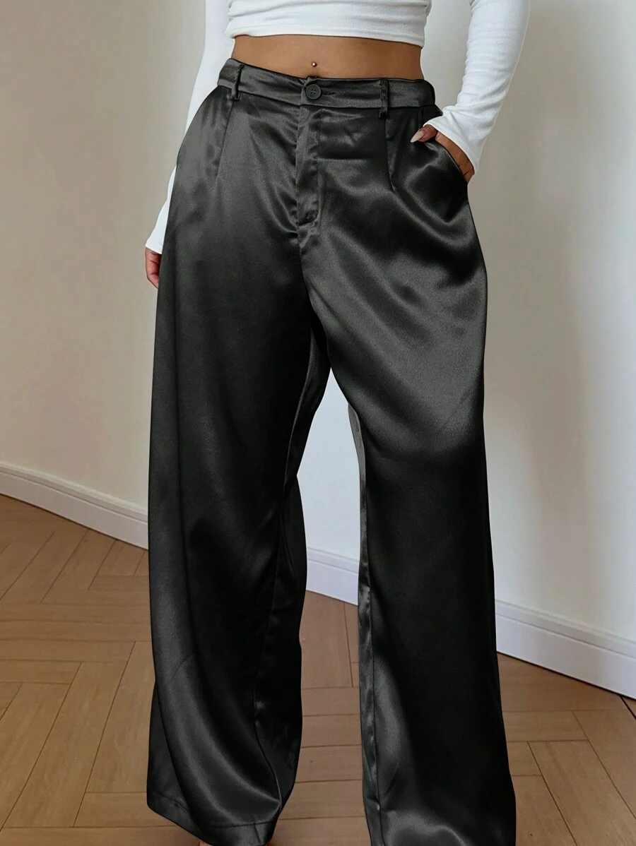 Vibekara Glossy Solid Color Straight Leg Trousers With Slant Pockets Fall Cloth For Women