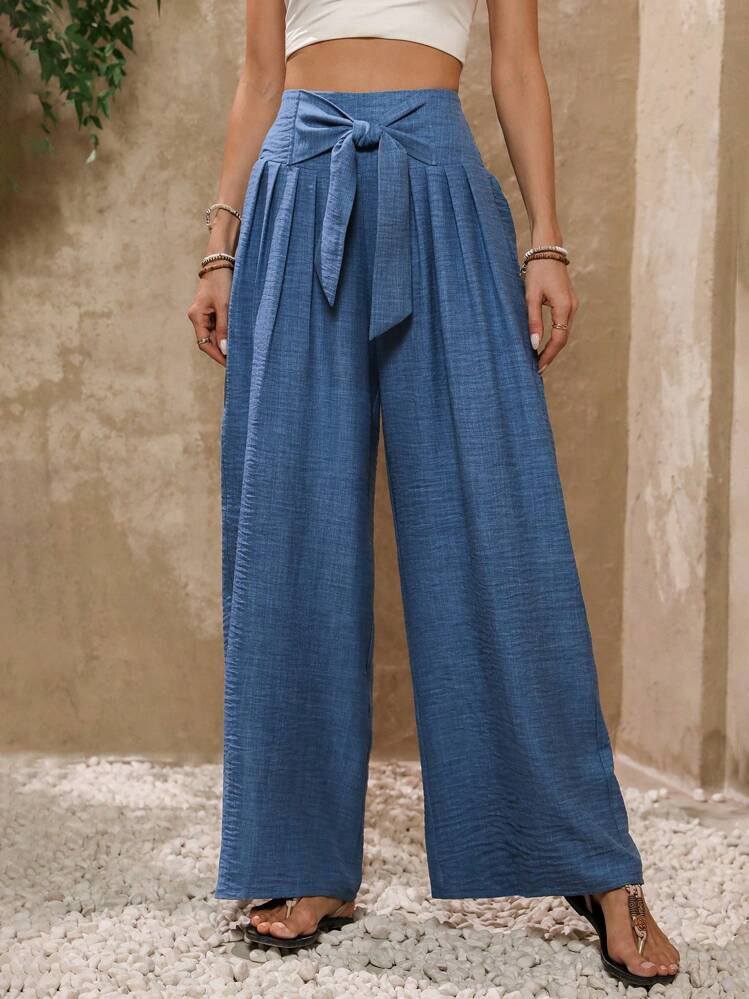 SHEIN Clasi Women's Fashion Wide-Leg Pants With Bow Detail Fall Cloth For Women - Blue - View 3