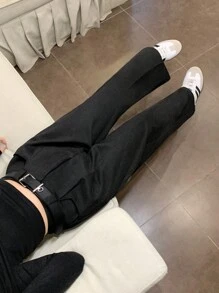 SHEIN MOD Women's Black Pocket Straight Casual Pants With Belt, Elegant Pants, Going Out Pants - White - View 7