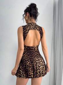 SHEIN Teenage Girls Leopard Print Backless Bud Dress With Stand Collar, Versatile, Preppy, Streetwear For Spring/Winter/Summer