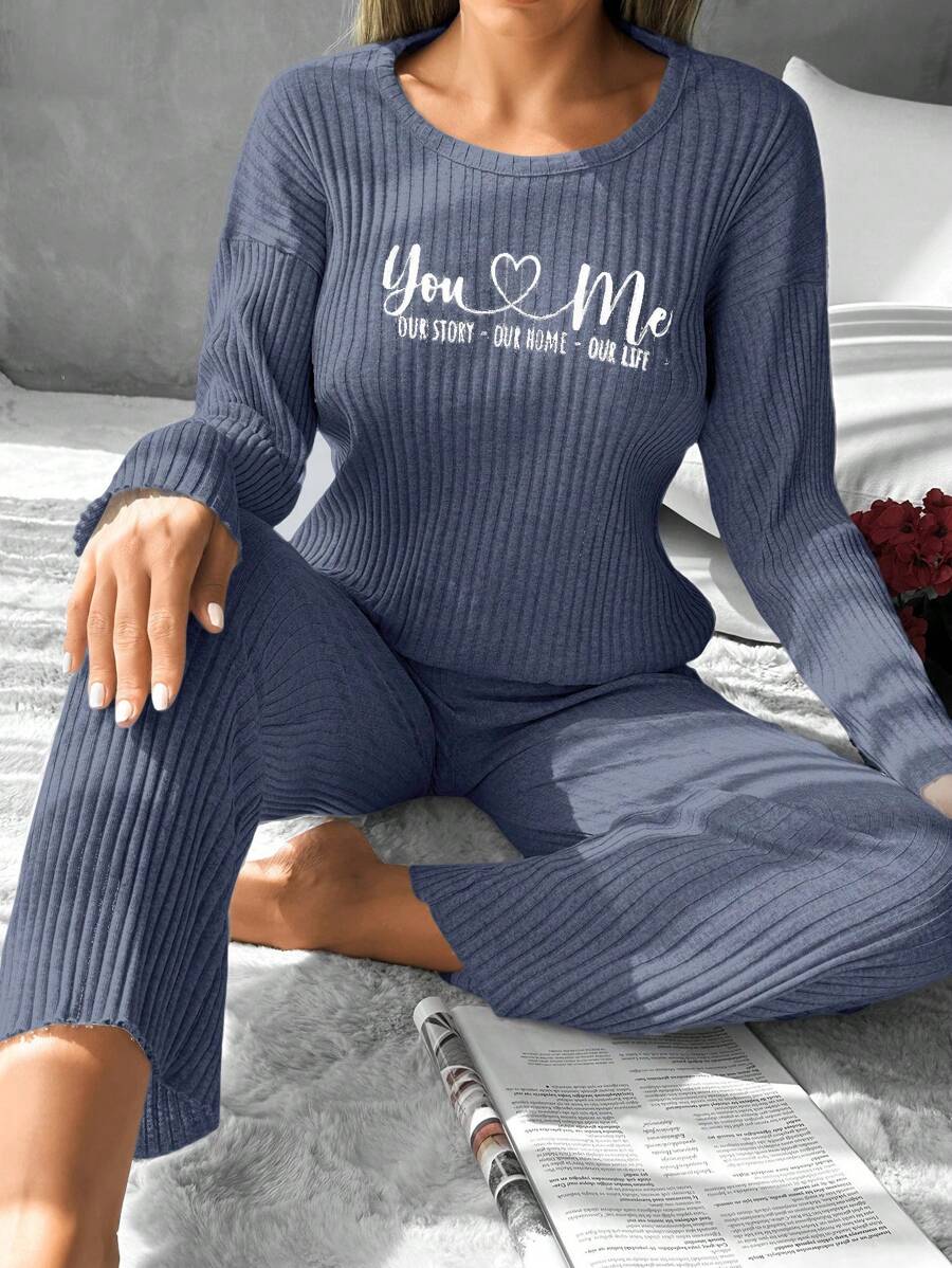 EURMUSE Women's Printed Letter Ribbed Knit Lounge Wear Set - Navy Blue - View 1
