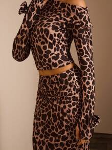 Glamine Conjunto de 2 piezas con top de manga larga de un hombro con cuello asimétrico y estampado de leopardo, y falda ajustado con bajo de cola de pez, atuendo de mujer para otoño/invierno - Multicolor - Ver 6