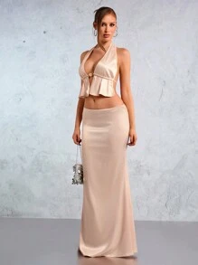 SHEIN SXY 新年优雅性感夜店必备情人节派对玫红色香槟金缎面吊带背心加低腰鱼尾裙两件套 - 香檳色 - 查看 5