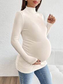 SHEIN Maternity Long Sleeve Solid Color Stand Collar Ribbed Fitted Casual T-Shirt, Autumn