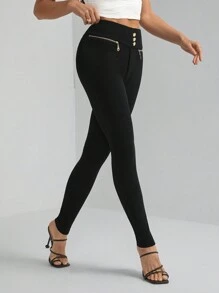 SHEIN Tall 女款休閒純色修身長褲，適合上班與通勤，高個女性適用 - 黑色 - 查看 8