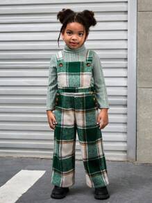 SHEIN 年轻女孩都市时尚派对褶皱领长袖针织上衣和纯色网格印花吊带裤套装 - 綠色 - 查看 4