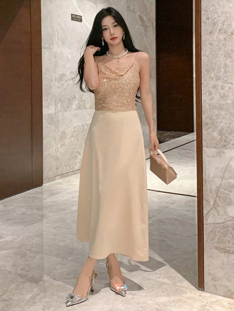 Women's Elegant Sequin Patchwork Strap Long Dress Prom Dress Sundress