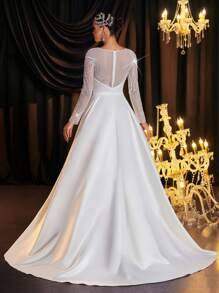 Glamrae Elegant Luxurious Champagne Beaded Sequin Floral Lace Splice Satin Draped Dress With Sheer Long Sleeves, Suitable For Wedding, Party, Prom, Vacation, Informal Bridal - Beige - View 3