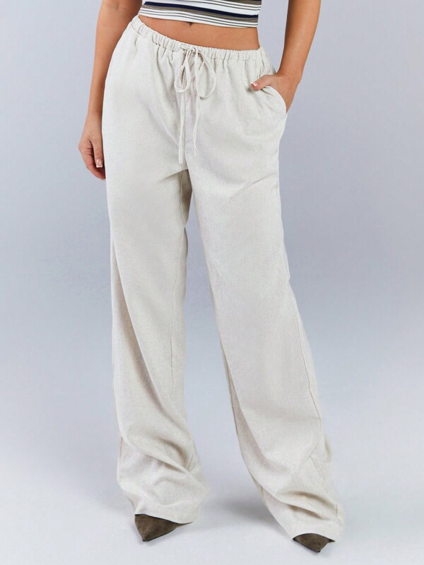 Athîral Women's Solid Color Front Tie Pocket Simple Casual Long Pants, Daily Wear