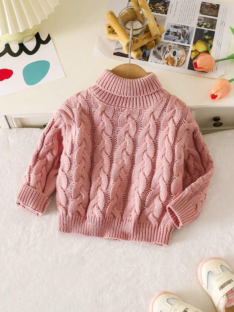 SHEIN Baby Girl High Neck Thick Sweater, Suitable For Autumn & Winter As Baby Girl Knitwear To Keep Warm - Dusty Pink - View 1