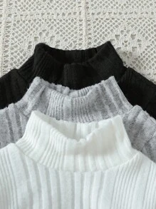 3 pièces t-shirts manches longues minimaliste à col montant de couleur unie pour jeunes filles, automne et printemps - Multicolore - Voir 3