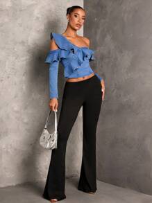 SHEIN BAE Áo cánh bèo nhún một bên vai bằng vải denim dành cho nữ, trang phục dự tiệc gợi cảm, áo denim tay dài, áo dài tay màu xanh, áo giáng sinh, trang phục sang trọng, áo giáng sinh dành cho nữ, áo trễ vai, áo mùa đông dành cho nữ - Rửa trung bình - Xem 7