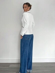 SHEIN Essnce 女士优雅撞色饰边双排扣西装外套，秋季商务休闲女士办公室装，女士服装，新年女士节日西装外套感恩节西装外套保暖羊毛西装外套 - 彩色 - 查看 5