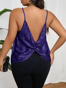 SHEIN Frenchy 大码派对分层金色 V 领露背吊带背心上衣 - 藏蓝色 - 查看 4