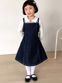 DAZY 牛仔吊帶裙，少女秋季服飾 - 藍色 - 查看 7