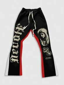 ROMWE MEN Street Life Men's Vintage Virgin Mary Print Sweatpants, Minimalist Style For Everyday Wear - Black - View 2