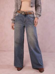 WESTFADE Pantalones vaqueros anchos y holgados de cintura caída con teñido de denim premium - Azul lavado medio - Ver 2