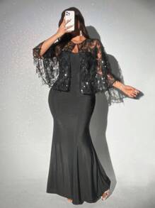 Viva Relle 2pcs Set: Plus Size Mesh Sequin Shawl Cape And Sexy Bodycon Tube Mini Dress - Black - View 3