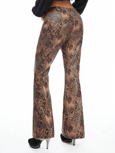 Grunge Punk Pantalon évasé à taille haute avec franges asymétriques, imprimé léopard rétro sexy patchwork et sangles croisées pour femmes