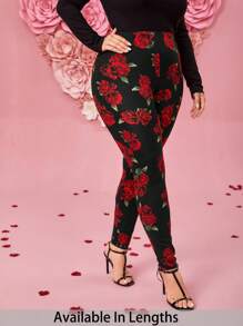 SHEIN Tall CURVE 大码女式高腰修身玫瑰花卉印花打底裤，休闲情人节 - 黑色 - 查看 1