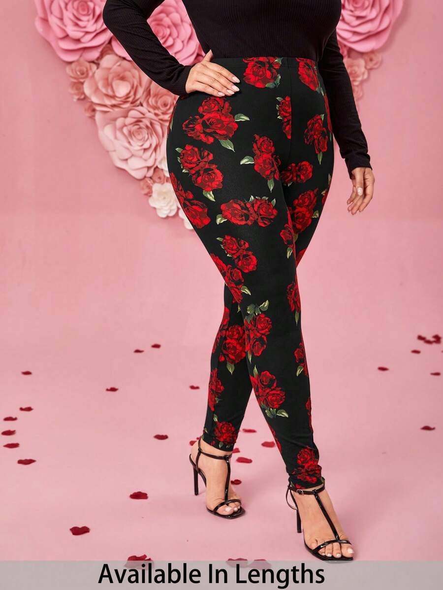 SHEIN Tall CURVE 大码女式高腰修身玫瑰花卉印花打底裤，休闲情人节 - 黑色 - 查看 1