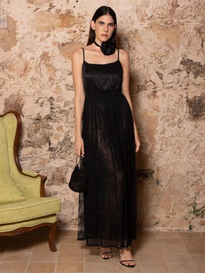 VERO DIAZ Designer Elegant Pleated Glitter Cami Contrast Lace Long Party Dress, Holiday Outfit, Spring & Summer, Festival, Rave Outfits Festival