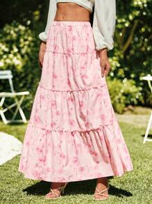 SHEIN VCAY Falda floja tejida con estampado floral de cintura alta para mujeres en vacaciones - Rosa - Ver 3