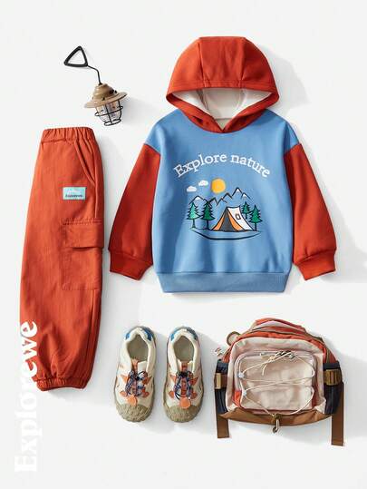 SHEIN Explorewe 2 chiếc/bộ áo hoodie in họa tiết nhiệt lót màu cho bé trai và quần chạy bộ bằng lông cừu cho hoạt động khám phá ngoài trời