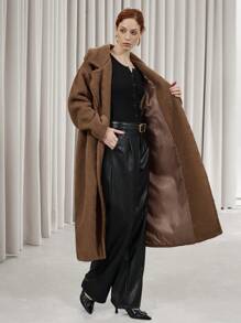 SHEIN Privé Casual Lapel Leather Belt Waisted Warm Fluffy Long Sleeve Loose Oversize Women Long Coat For Commuting  - Khaki - View 8