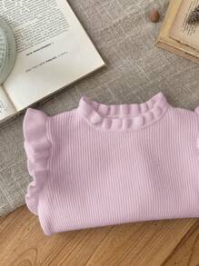 SHEIN LMoss Kids LMoss Babygirl Ruffled Hem Solid Color Simple V-Neck Long Sleeve Knit Sweater, Versatile For Autumn/Winter - Pink - View 6