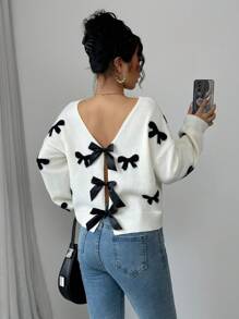 SHEIN Frenchy Women's Elegant Bow Decor Sweater, Autumn/Winter French Elegant Bow Pattern Back Tie Long Sleeve Sweater   Bow Sweater  Winter Sweater Warm Sweater