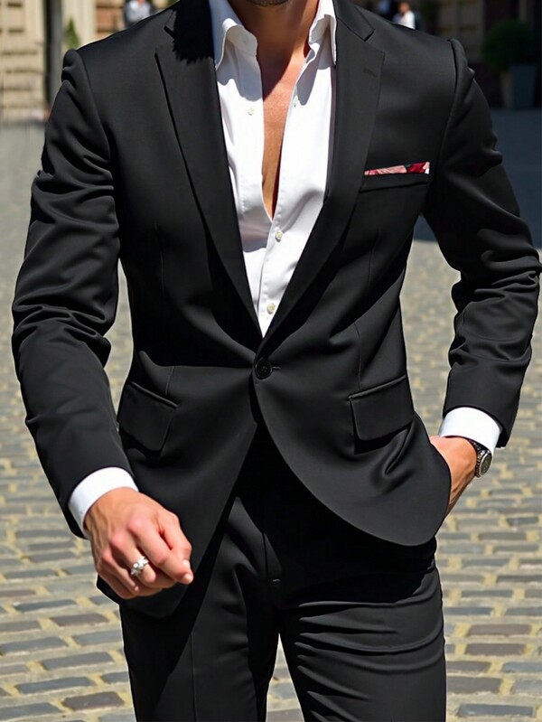 Manfinity Mode Men's Long-Sleeved Commuter Business Casual Office Suit Jacket With A Lapel And A Button,Suitable For New Year Holidays, Gift For Boyfriend