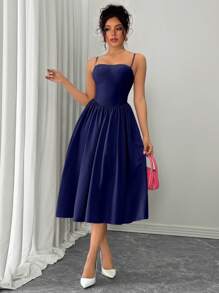 Rafferiza Vestido acampanado con espalda descubierta, versátil y de moda, apropiado para citas, fiestas, otoño/invierno - Azul Marino - Ver 5