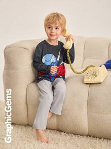 男童印花圆领长袖上衣和裤子家居服套装 - 灰色 - 查看 13