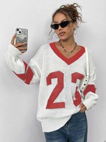 StreetHx Women's Collegiate Style V-Neck Hollow Out Knit Sweater Knit Pullover Fall Winter - Orange - View 4