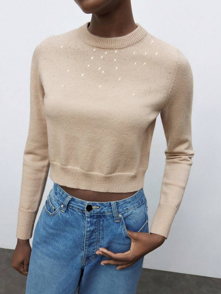 SHEIN Maija Femmes abricot décontracté pull à col rond orné de strass de couleur unie simple et élégant à manches longues, convient pour les loisirs et le port quotidien, automne/hiver