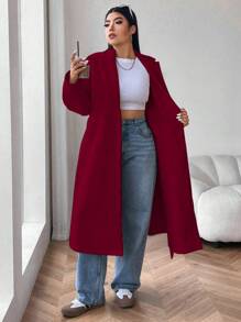 Flirla Plus Size Women Lapel Front Open Drop Shoulder Long Coat With Belt - Burgundy - View 7