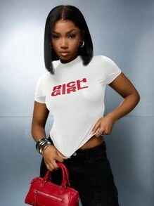 SUMWON WOMEN Rich Girl Statement Crop Top Baby Tee Fitted Short Sleeve Casual Summer Spring Streetwear Fashion Statement Graphic Print Stretchy Modern Contemporary Design - White - View 4