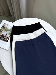 Chiquease Quần ống loe dệt kim sọc cạp cao dành cho nữ, quần dài Maxi Palazzo bó sát co giãn, mùa thu/đông - Xanh đậm - Xem 5