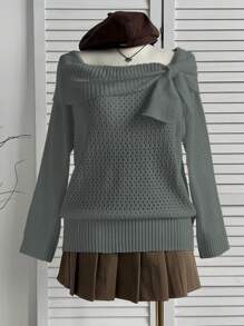 Flirla Plus Size Cute & Sweet Bow Knit Sweater, Vintage Soft & Gentle Top, Essential For Sweet Girls, Autumn/Winter Knit Pullover Fall - Grey - View 4