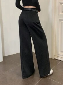 SHEIN MOD Women's Black Pocket Straight Casual Pants With Belt, Elegant Pants, Going Out Pants - White - View 2