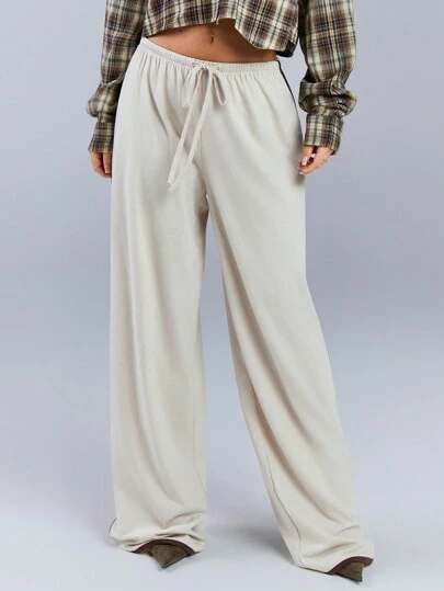 Athîral Women's Cream Tie Waist Wide Leg Splice Front Tie Waist Casual Trouser, Everyday Wear