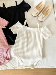 SHEIN LMoss Kids 3pcs Newborn Baby Girls' Casual Cute Simple Solid Color Off-Shoulder Short Sleeve Bodysuit, Buy 1 Get 3, Summer Clothes - Beige - View 3