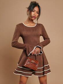 COSMINA 女式休闲拼布饰边分层下摆复古风格优雅连衣裙，秋冬款 - 棕色 - 查看 5