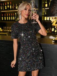 SHEIN Clasi Đầm ngắn tay cổ tròn đính sequin dự tiệc cho nữ - Nhiều màu - Xem 4