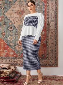 Mulvari Ensemble 2 pièces grande taille femme élégant, Top peplum et jupe crayon à imprimé pied-de-poule, automne - Bleu et Blanc - Voir 3