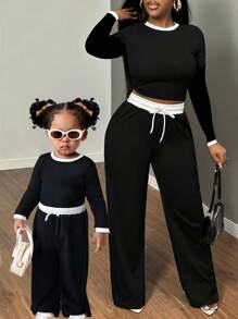 Baby Girl Matching Sets, Mom & Me, Ribbed Knit Color Block Long Sleeve Crew Neck Crop Top With Wide Leg Knit Pants - Black - View 1