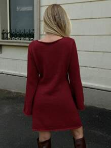 Forever 21 Fall&Winter Women Christmas Sweater/Holiday Dress/Essentials /Business Casual Women/Thanksgiving Dress/New Year Eve Dress/Christmas Women Dress/Summer Women Outfit/Sexy Long Sleeve Dress/Christmas Party Dress/Formal Women Dresses/Winter Dress/Thanksgiving Dress/Deep Yellow Long Sleeve Dress/Holiday Dress/Flare Sleeves/ Women Clothes/A Line/ Basic/Simple/Mini Dress - Burgundy - View 2