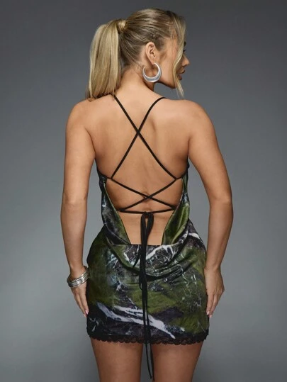 MISSGUIDED Marble Print Satin Mini Dress With Cowl Neck And Lace Trim MISSGUIDED