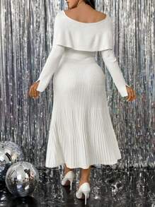 SHEIN Clasi 大码方领褶皱优雅长袖白色连衣裙，经典时尚偶像 - 白色 - 查看 2